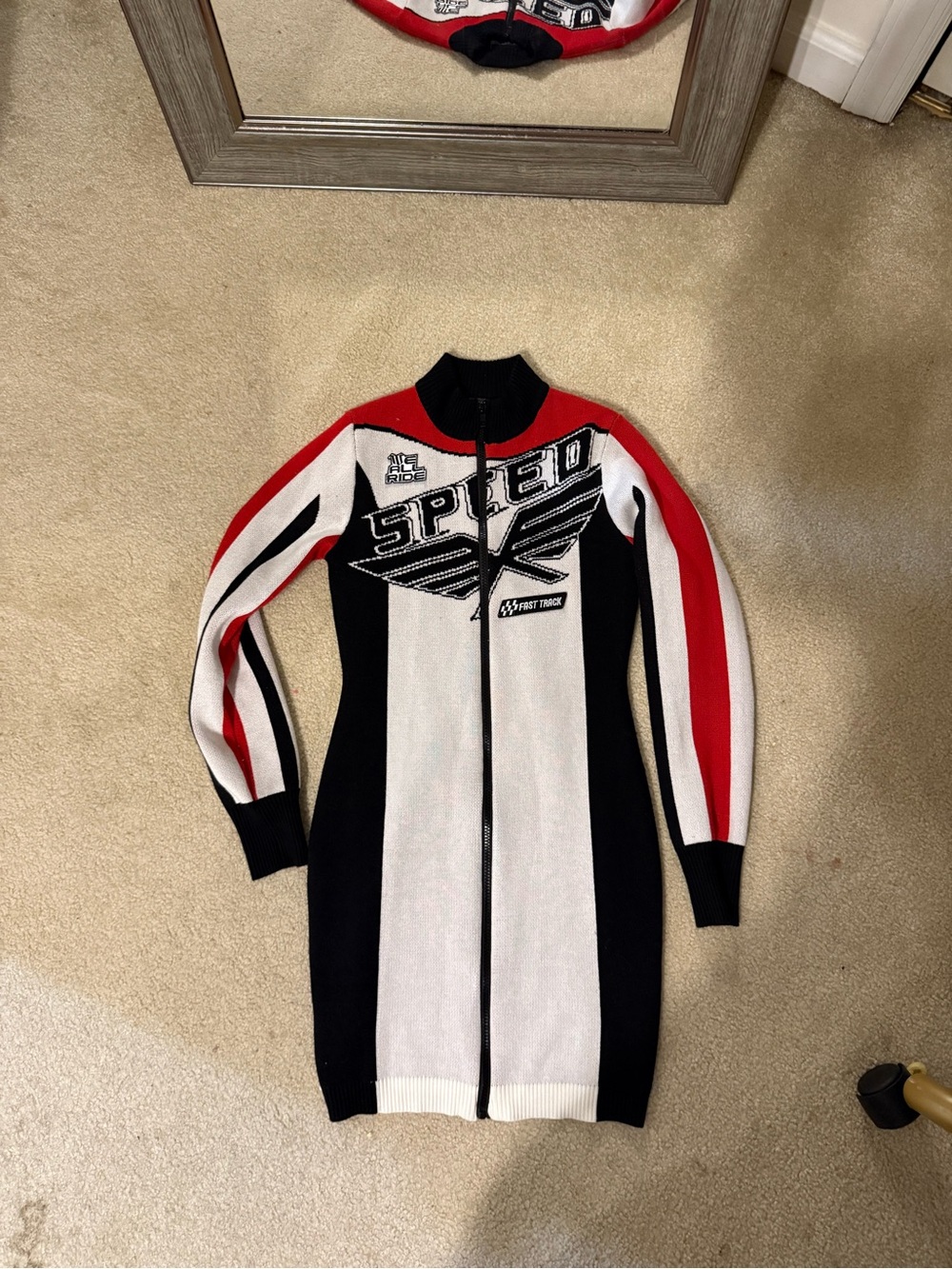 Fashion Nova Black, White & Red 'Speed' Zip-Front Bomber Dress